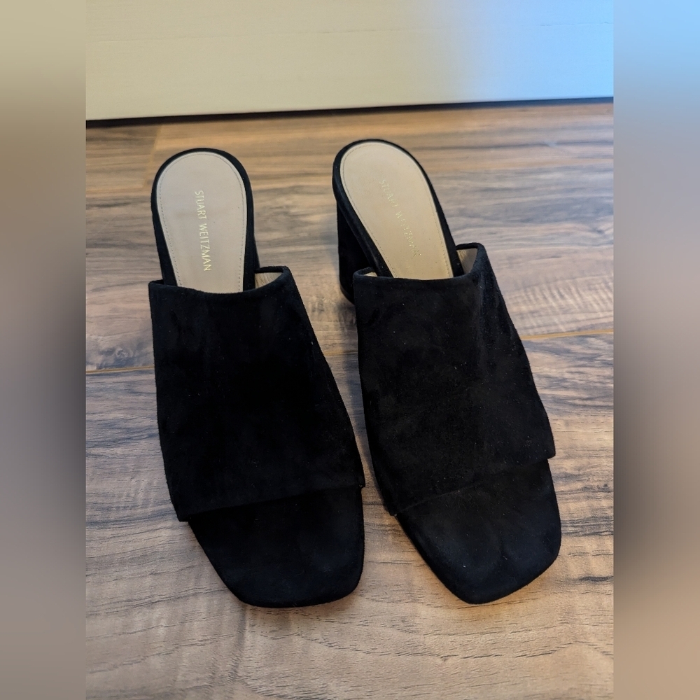 Stuart Weitzman Black suede Leather peep toe mules in a size 7.5. - Picture 2 of 12